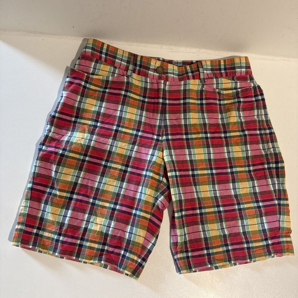 Lands End Shorts 12 Fit 2 Red Plaid Madras Bermuda Mid Rise Flat Front Preppy